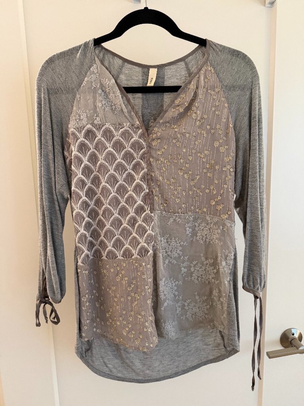 TINY by Anthropologie Grey Patchwork Mixed Media Top — Size S